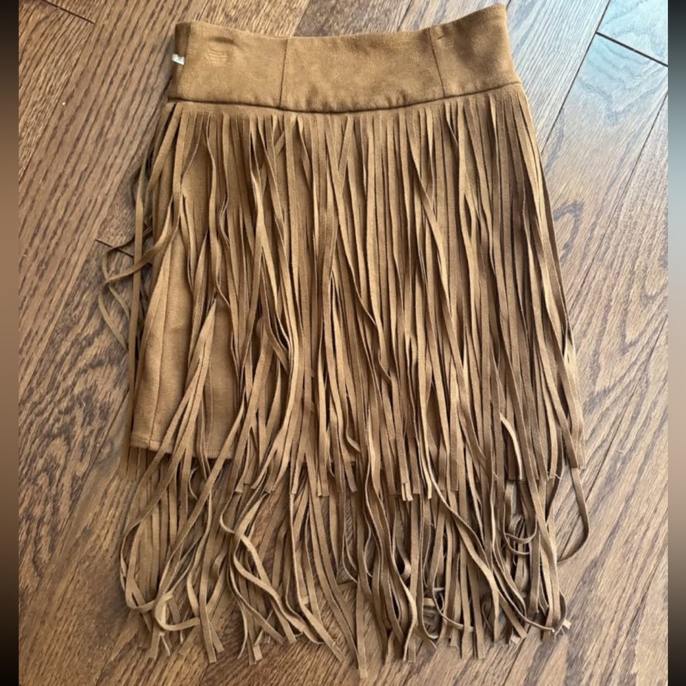 Joyfolie Tan Fringe Mini Skirt